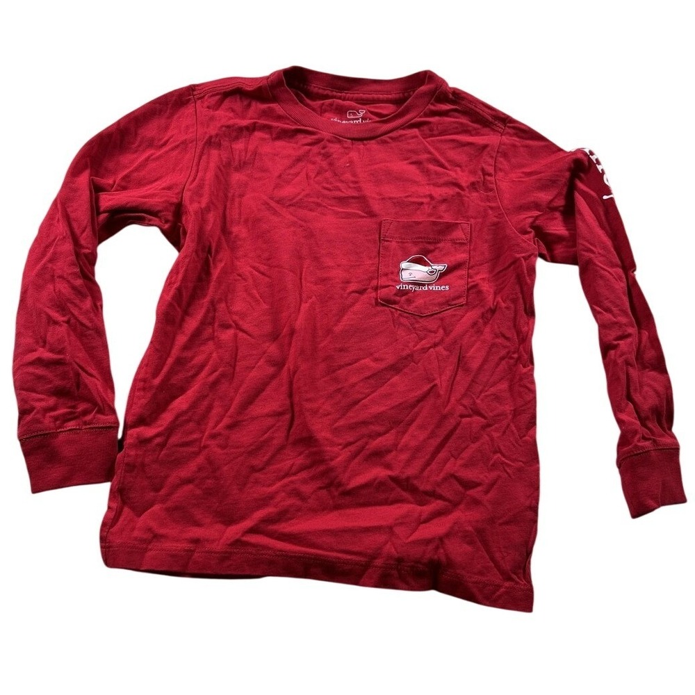 Vineyard Vines Christmas Santa Whale Long Sleeve Pocket Tee S Red Boys Preppy